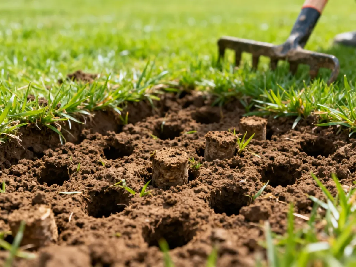 Aerated lawn on clay soil with visible holes and removed soil plugs