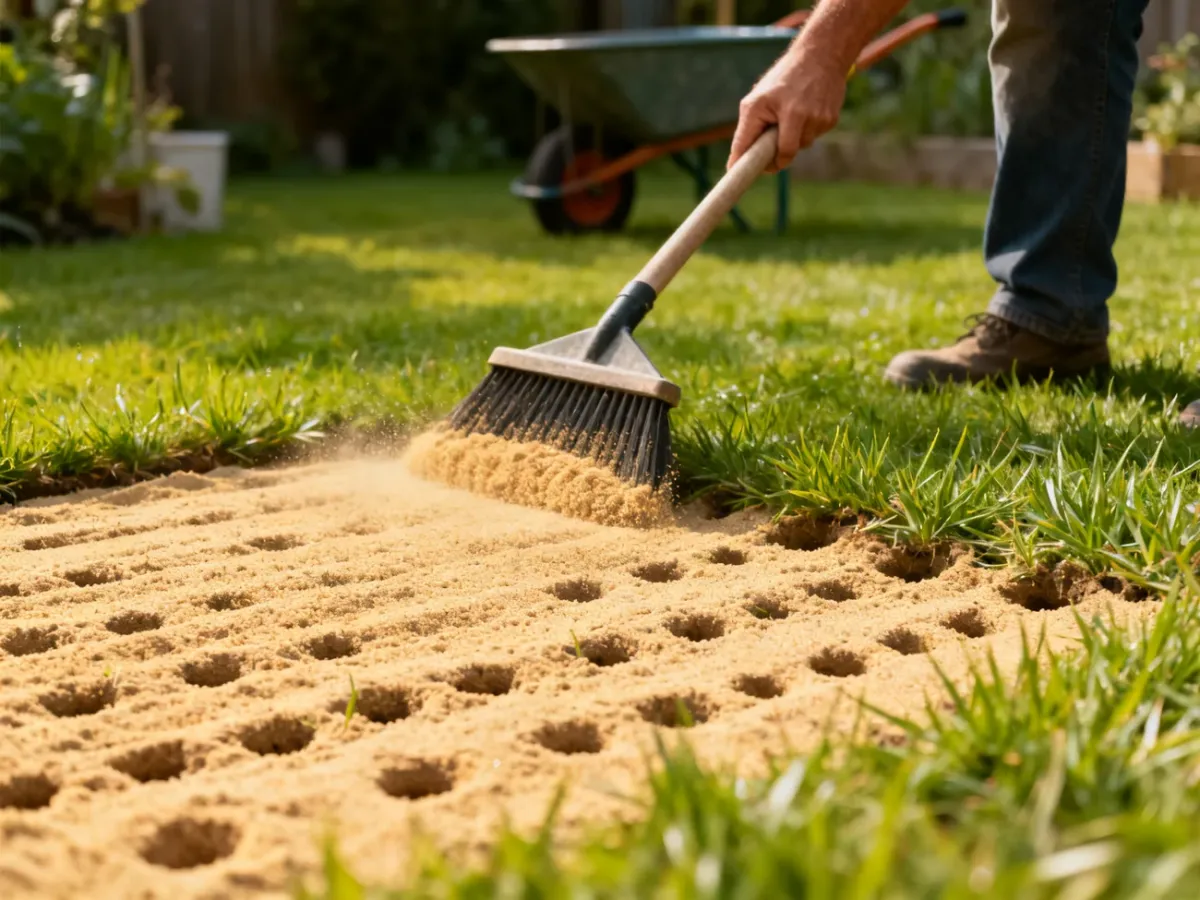 Sand being brushed into aeration holes in a lawn