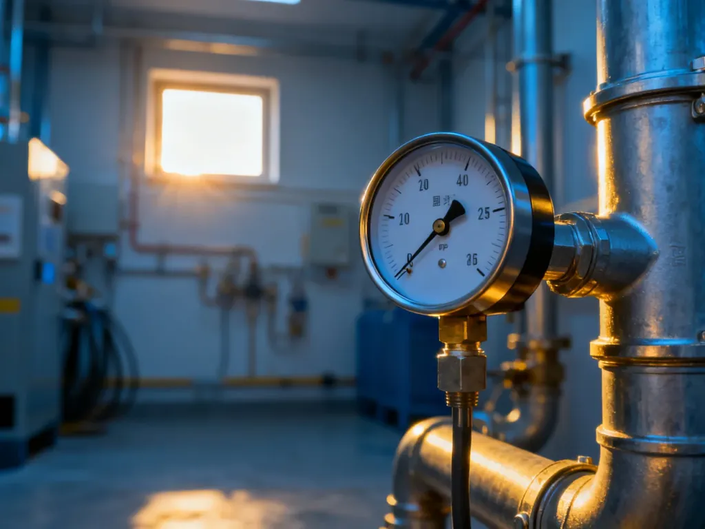 Manometr zamontowany na rurze instalacji wodnej, wskazujący aktualne ciśnienie w systemie hydroforowym.