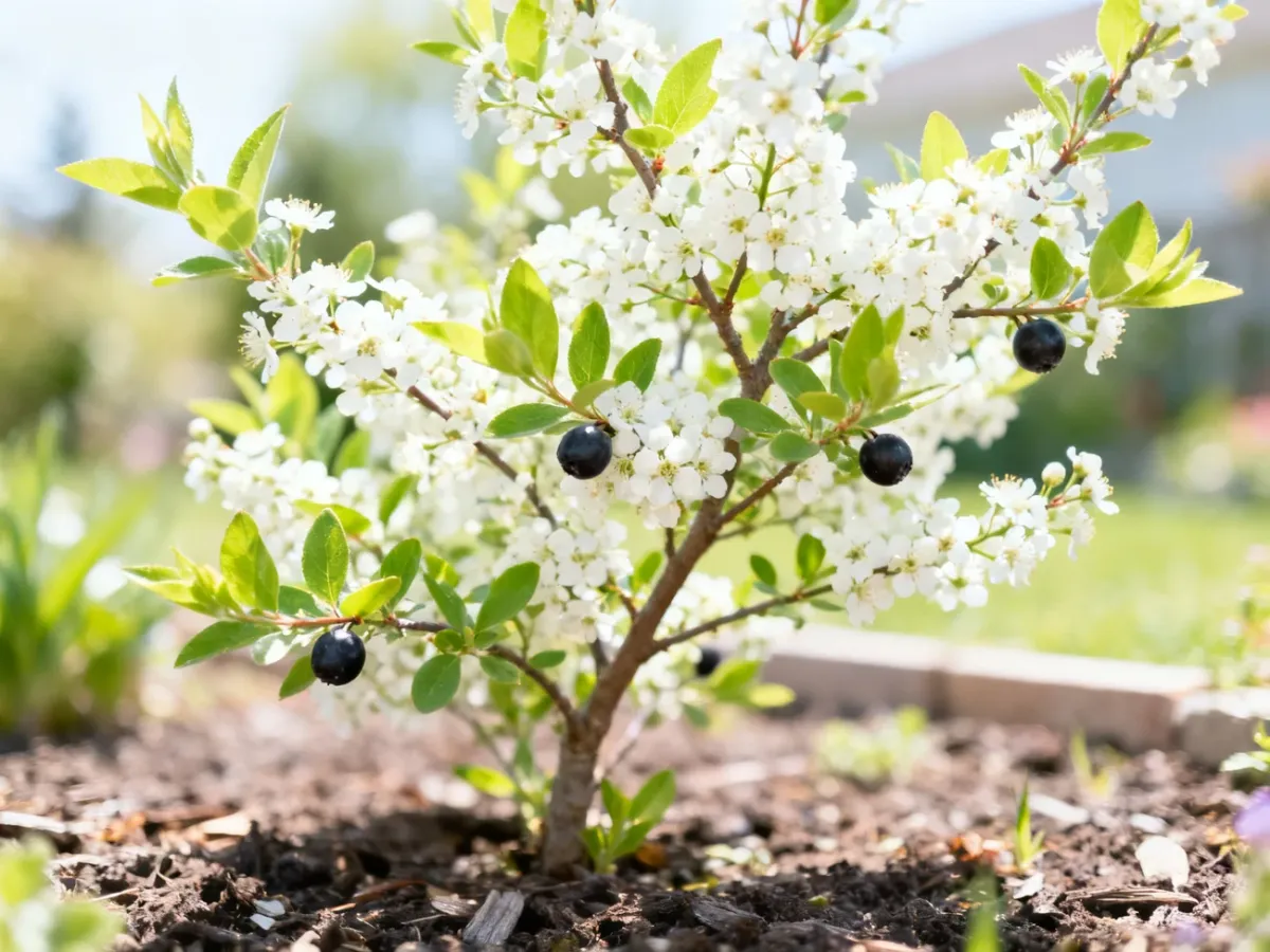 Serviceberry tree blooming with white flowers in a garden