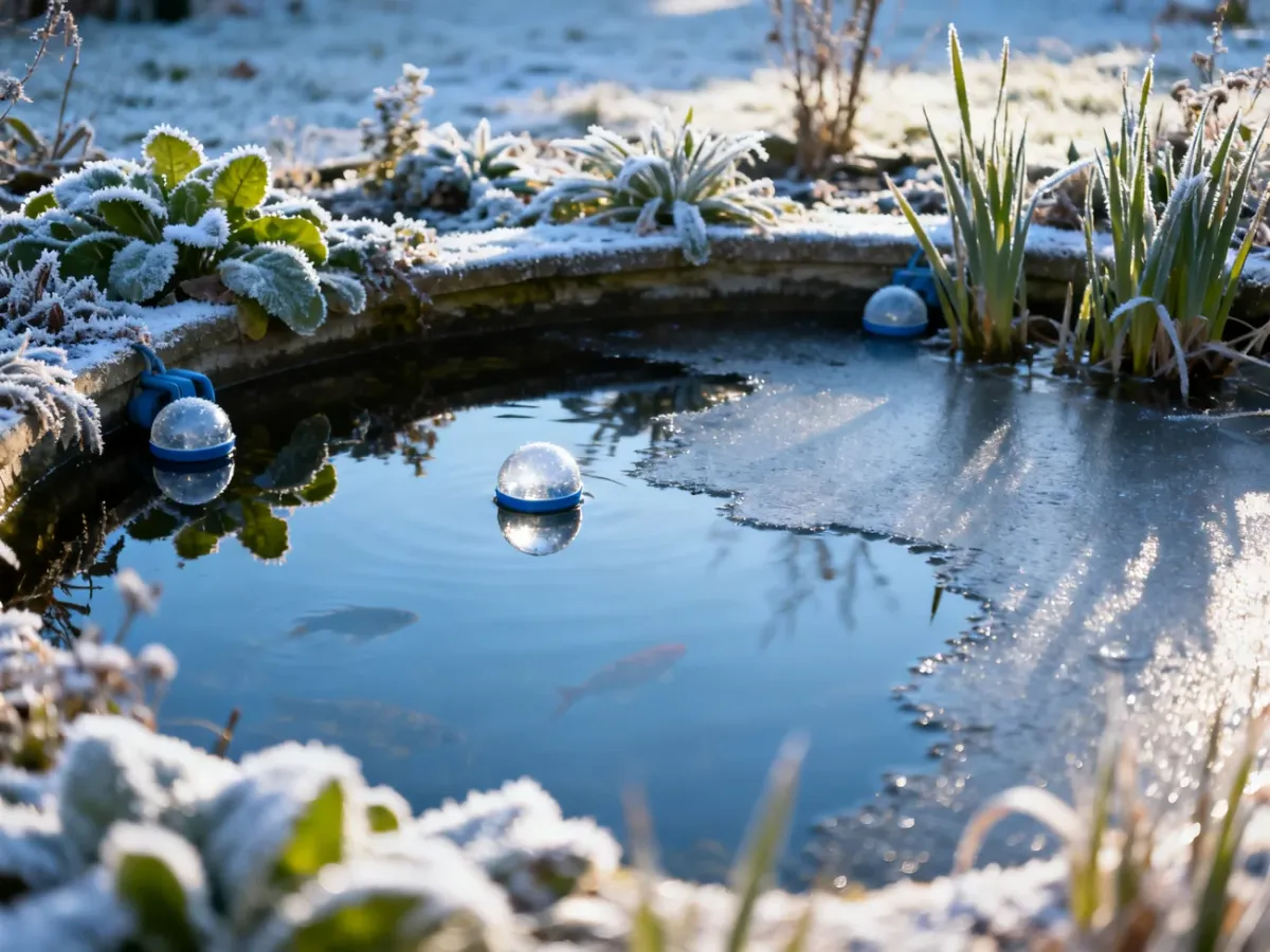 Partially unfrozen garden pond protected from winter ice