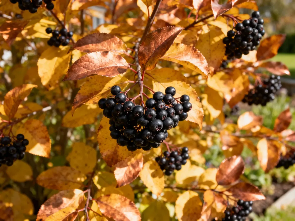 Aronia bush with black berries and copper-gold autumn leaves