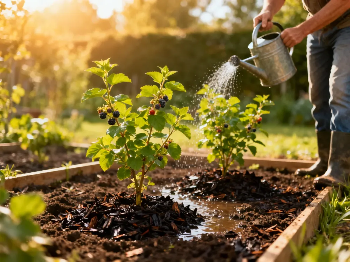Newly planted berry bushes being watered in a mulched garden bed
