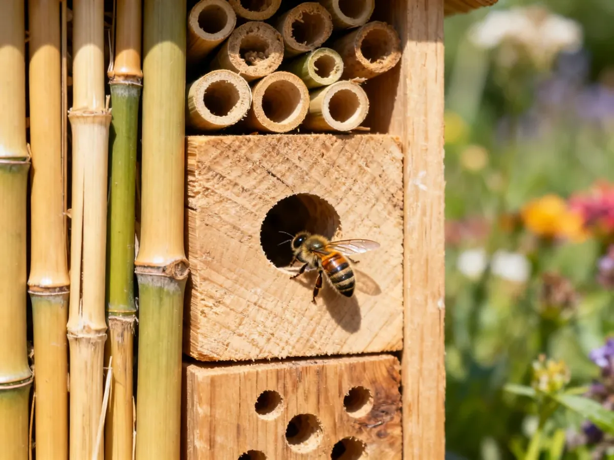 Mason bee approaching smooth nesting holes in an insect hotel