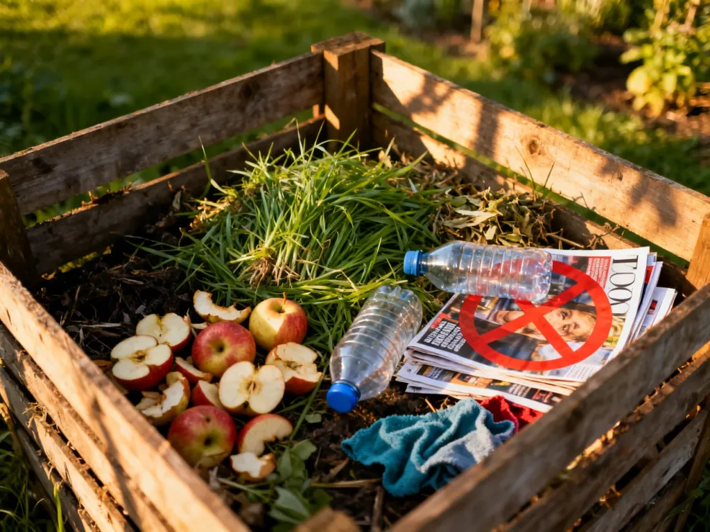 Drewniany kompostownik z widocznym podziałem na odpady organiczne oraz niedozwolone tworzywa sztuczne i papier.