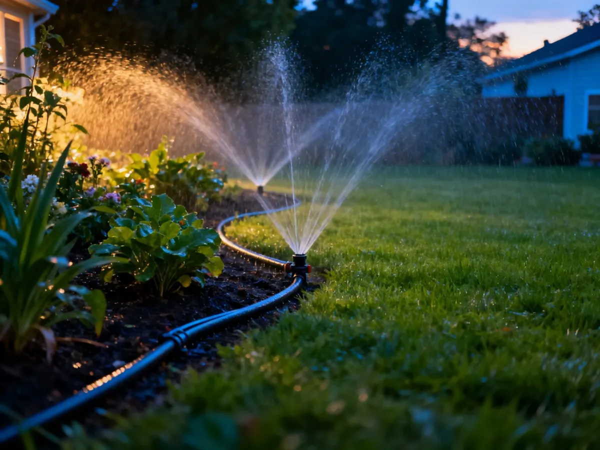 System kroplujący podlewający rabaty obok zraszaczy na trawniku