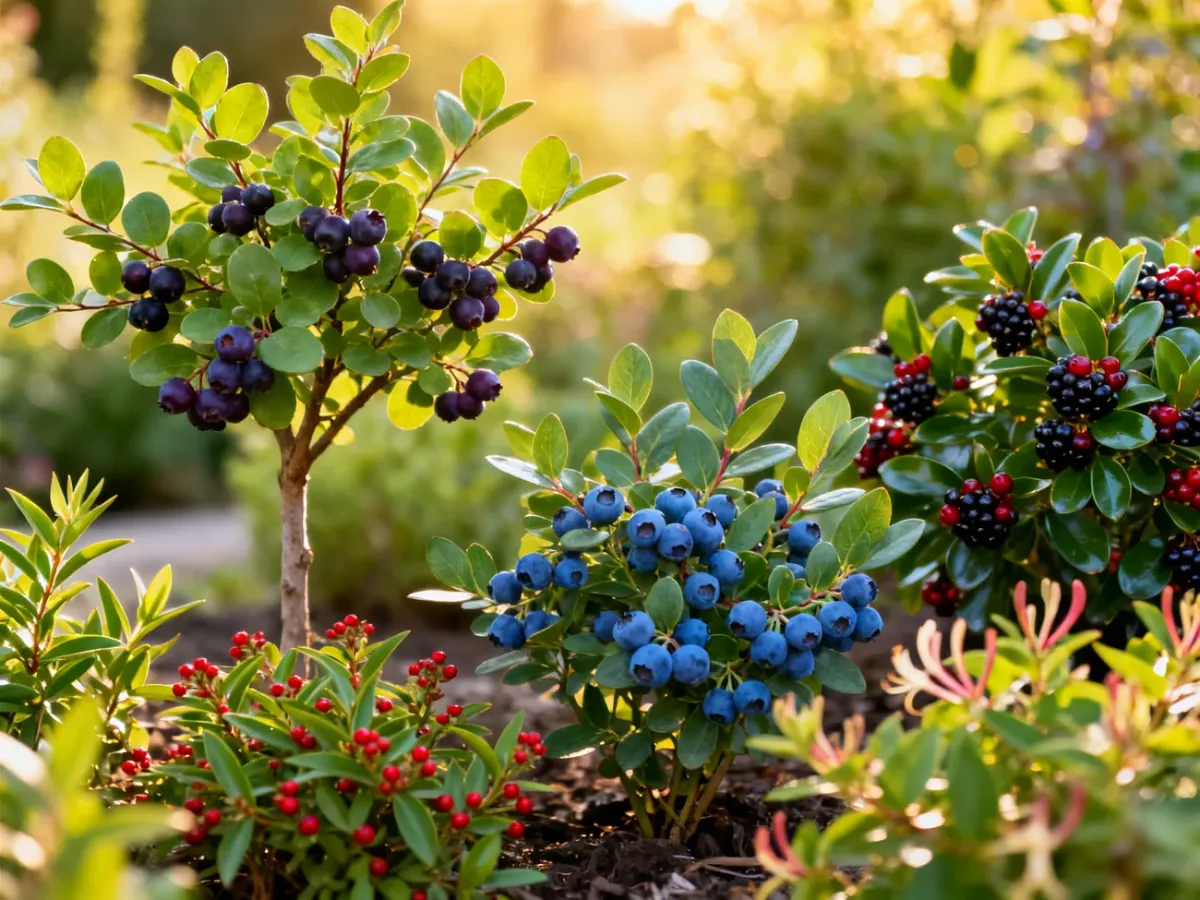 Mixed garden planting of ornamental berry shrubs