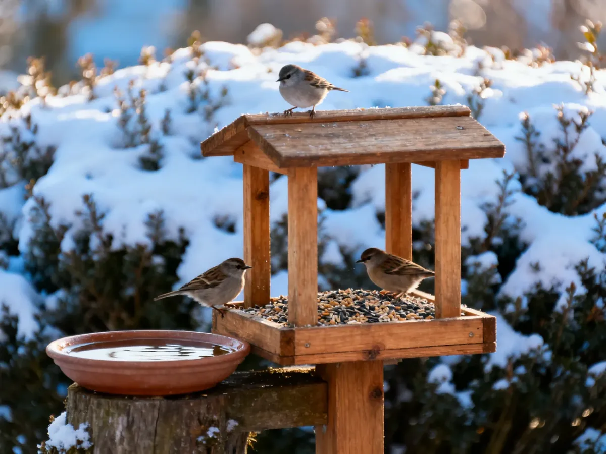 Small birds feeding at a garden feeder during winter