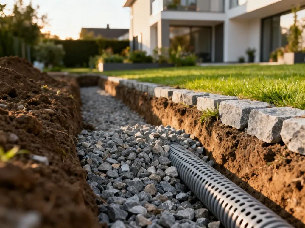 Instalacja systemu drenażowego z rurą perforowaną i warstwą żwiru wokół fundamentów nowoczesnego domu.