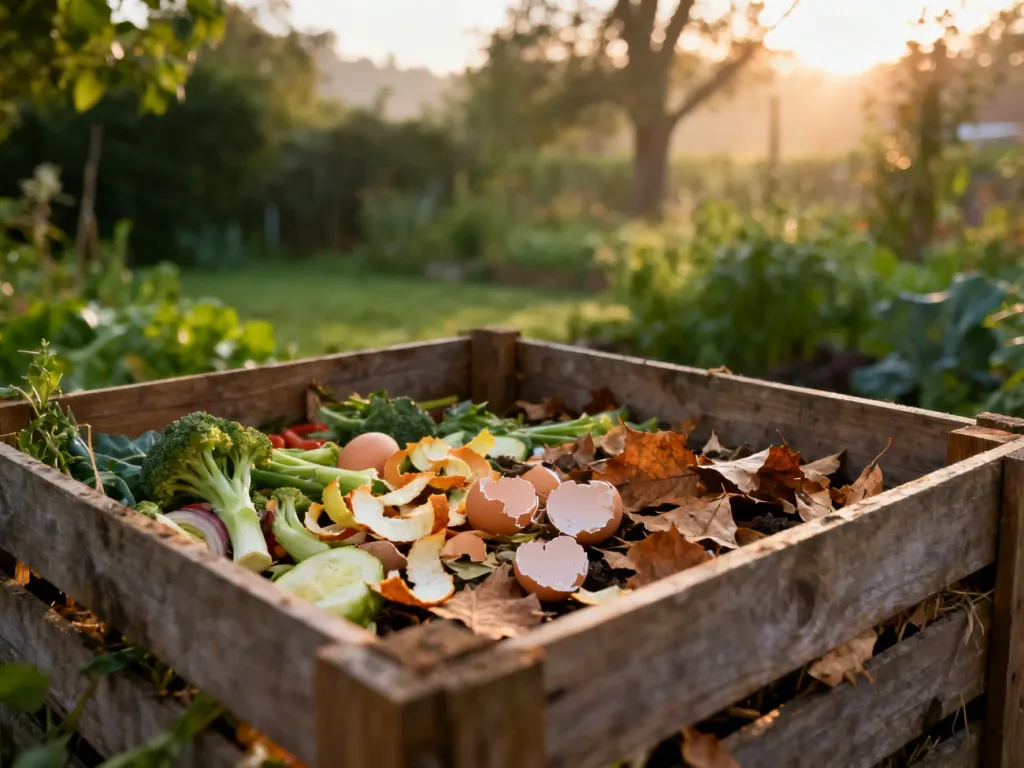 Drewniany kompostownik w ogrodzie wypełniony odpadami organicznymi, takimi jak obierki i liście, w porannym świetle.