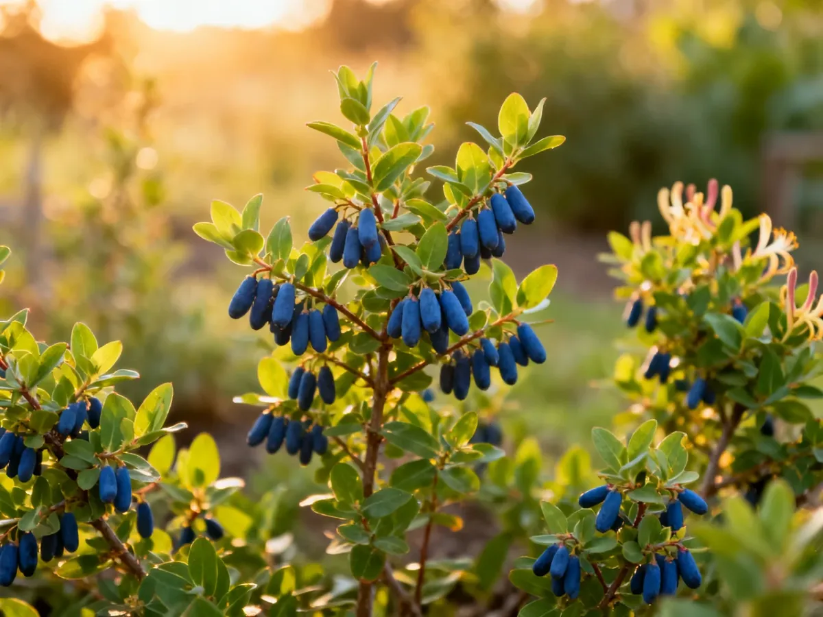 Group of honeyberry bushes with elongated blue berries