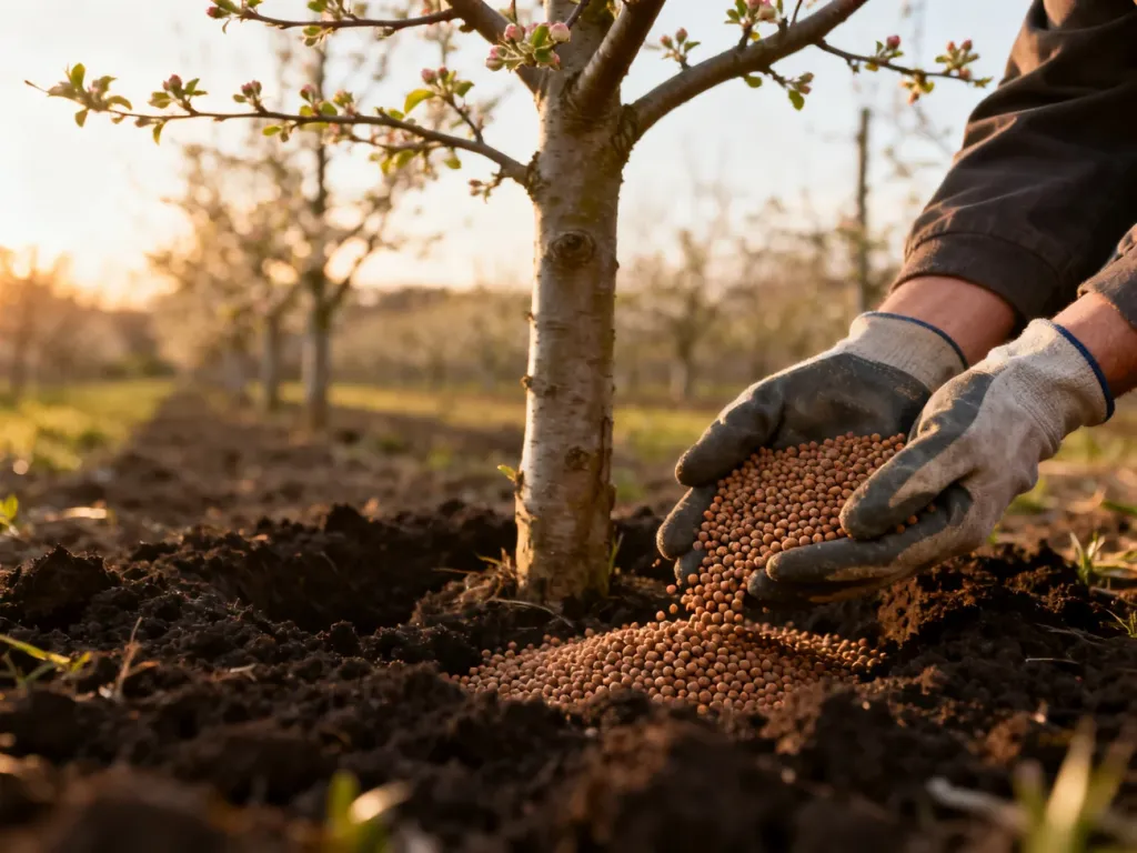 Dłonie w rękawicach rozsypują nawóz organiczny wokół pnia młodego drzewa owocowego w sadzie wczesną wiosną.