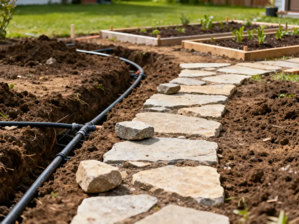 Kolejne etapy budowy ogrodu z instalacjami i nawierzchnią