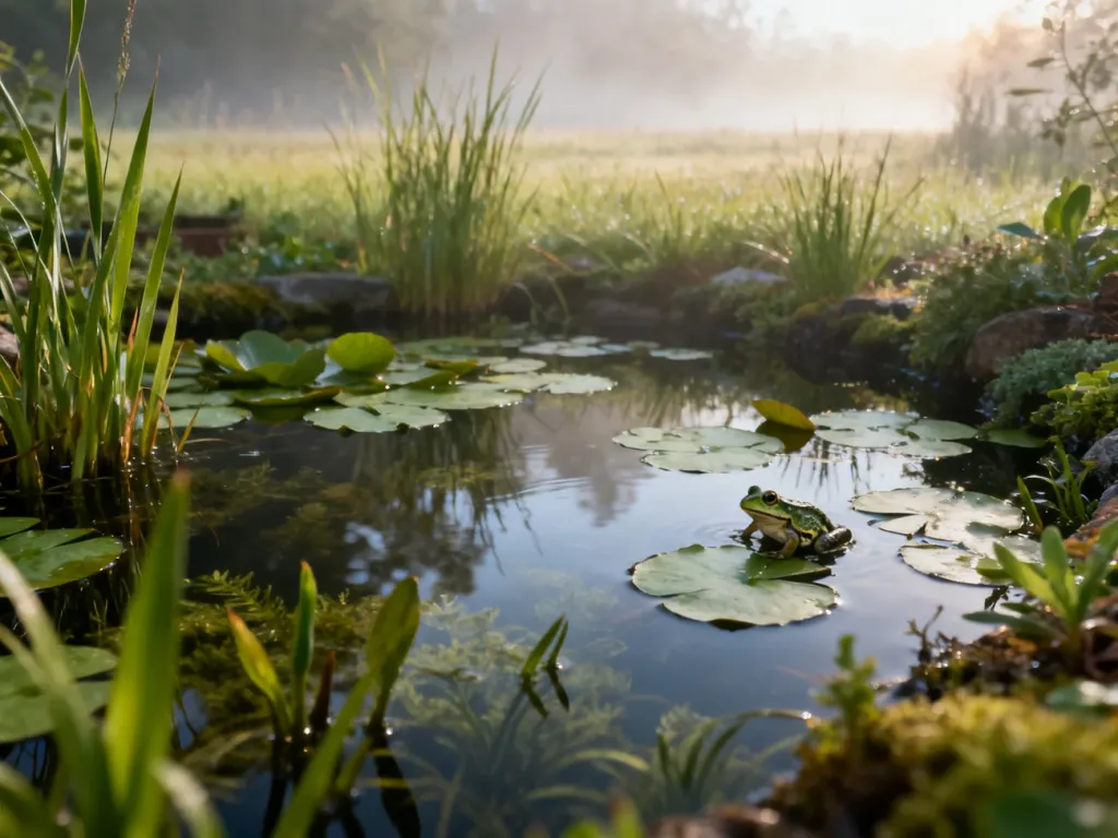 Naturalistyczne oczko wodne z liliami i roślinnością wodną, stworzone jako idealne siedlisko dla płazów w ogrodzie.