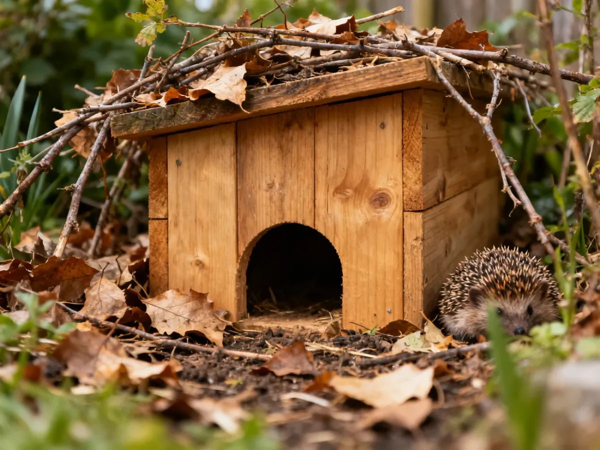 Drewniany domek dla jeża wśród liści i gałęzi w ogrodzie