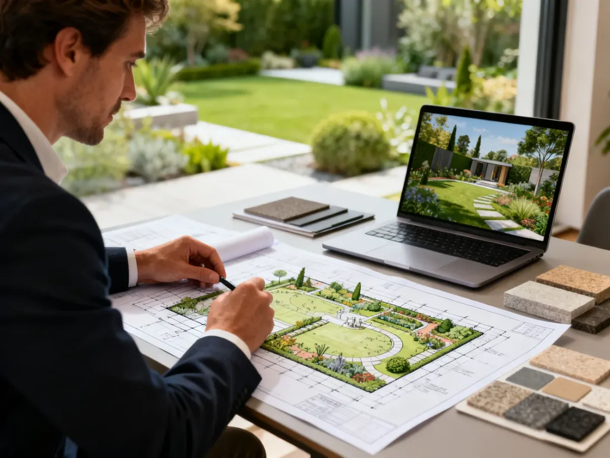Architekt krajobrazu analizujący szczegółowy projekt ogrodu przy biurku