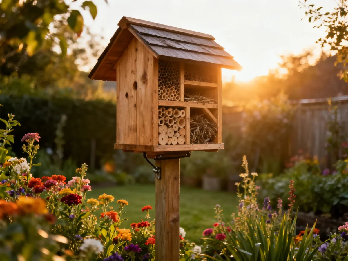Finished insect hotel mounted in a sunny flower garden