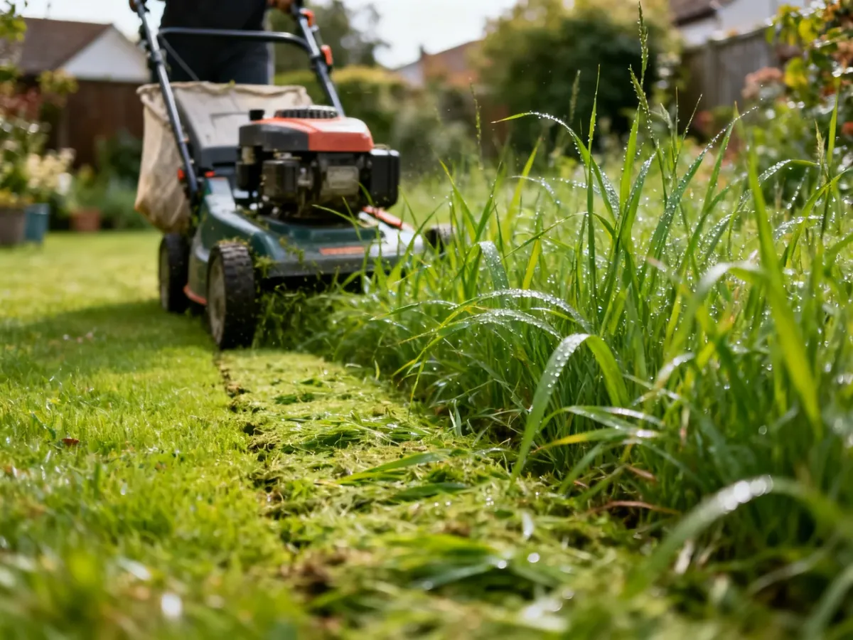 Kosiarka z koszem zbierająca pokos z przerośniętego trawnika