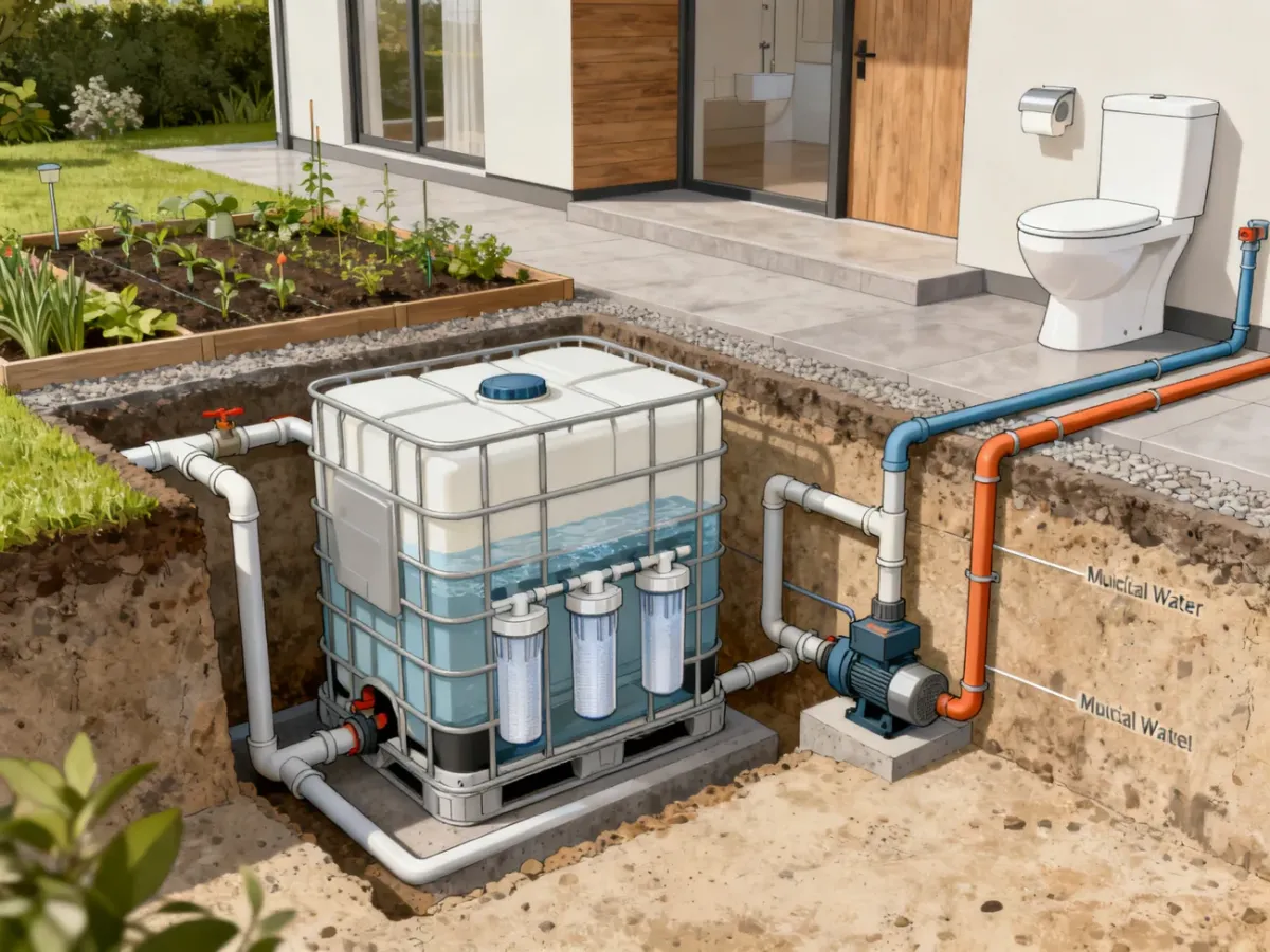 Podziemny system deszczówki z pompą, filtrami i oddzielnymi przewodami