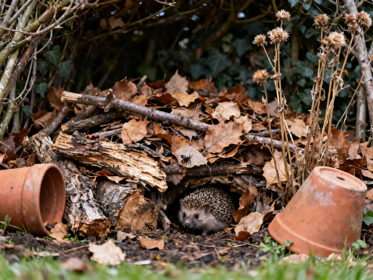 Natural winter shelter made of leaves, branches and overturned pots in a garden