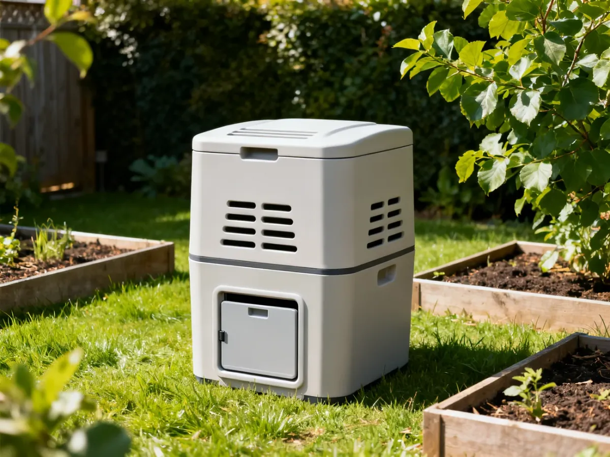 Plastikowy termokompostownik w niewielkim ogrodzie