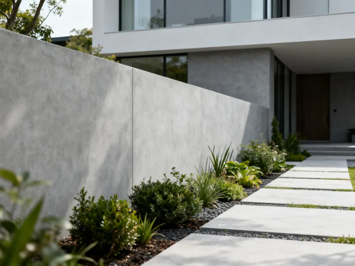 Smooth concrete garden wall beside a modern house