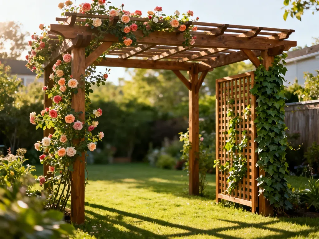 Drewniana pergola z różami oraz ażurowy trejaż z bluszczem w słonecznym ogrodzie, ukazujące różnice w konstrukcji obu budowli.