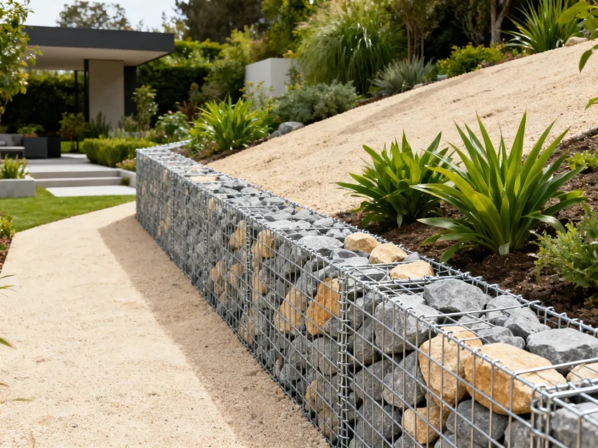Gabion retaining wall supporting a landscaped garden slope
