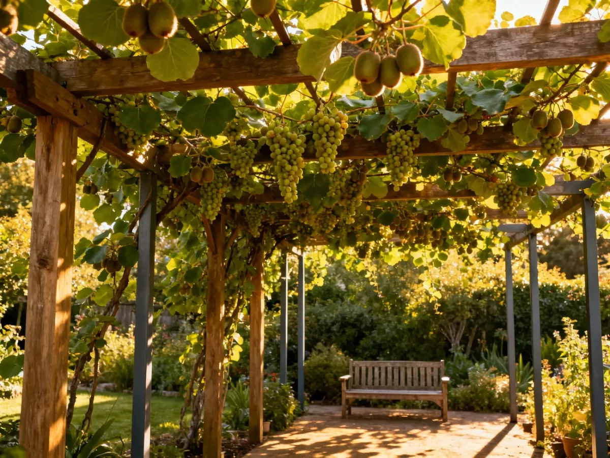 Pergola porośnięta winoroślą i mini kiwi z widocznymi owocami