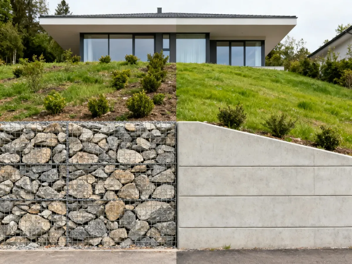 Gabion and concrete retaining walls compared in a landscaped garden