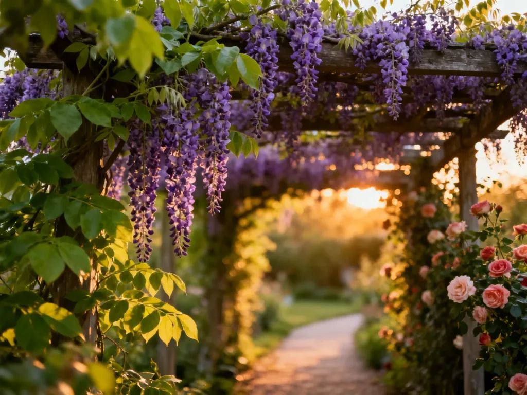 Pergola porośnięta kwitnącą wisterią i różami pnącymi, tworząca przytulny, słoneczny zakątek w ogrodzie.