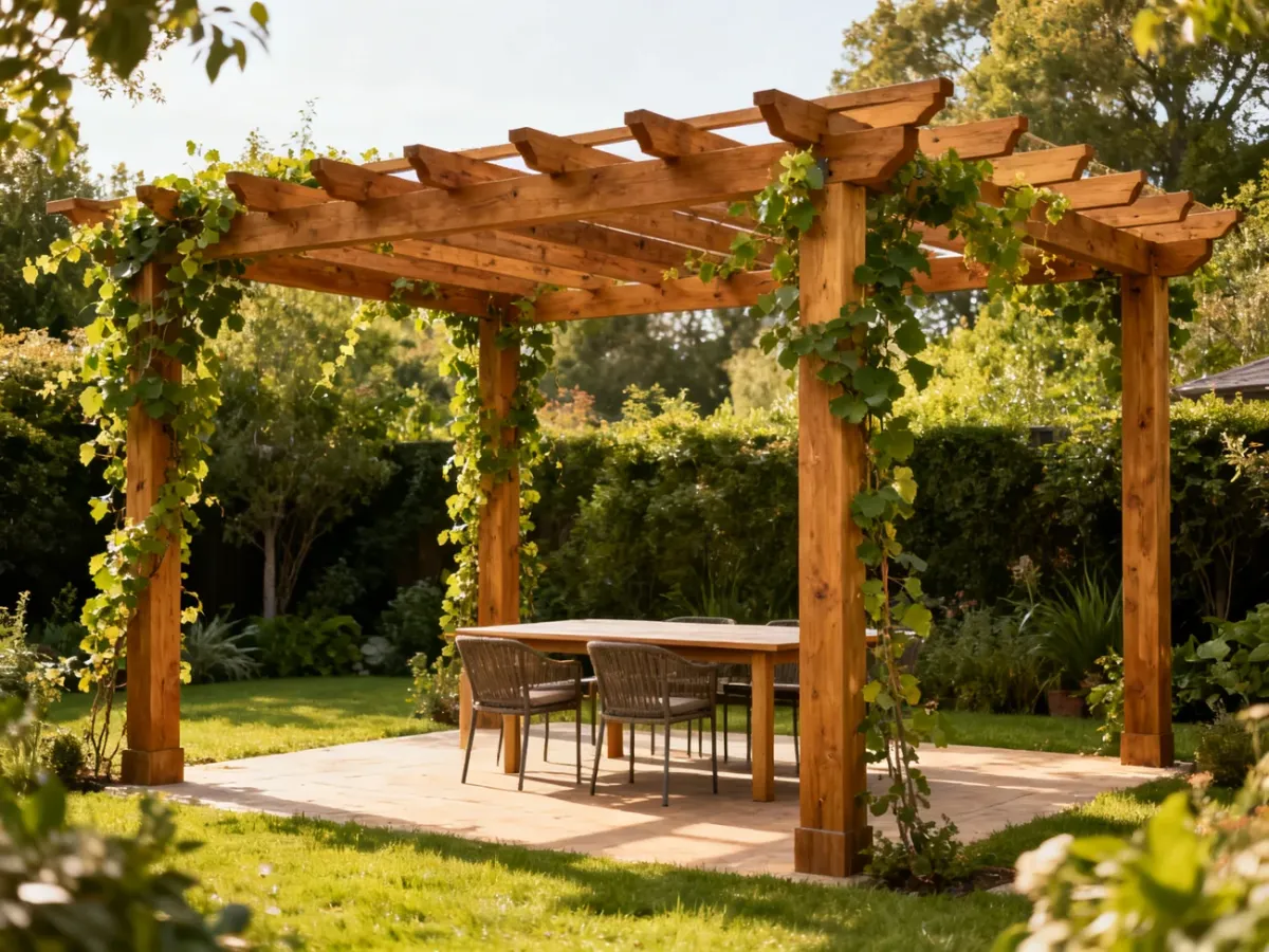 Pergola z meblami ogrodowymi i pnączami w ogrodzie