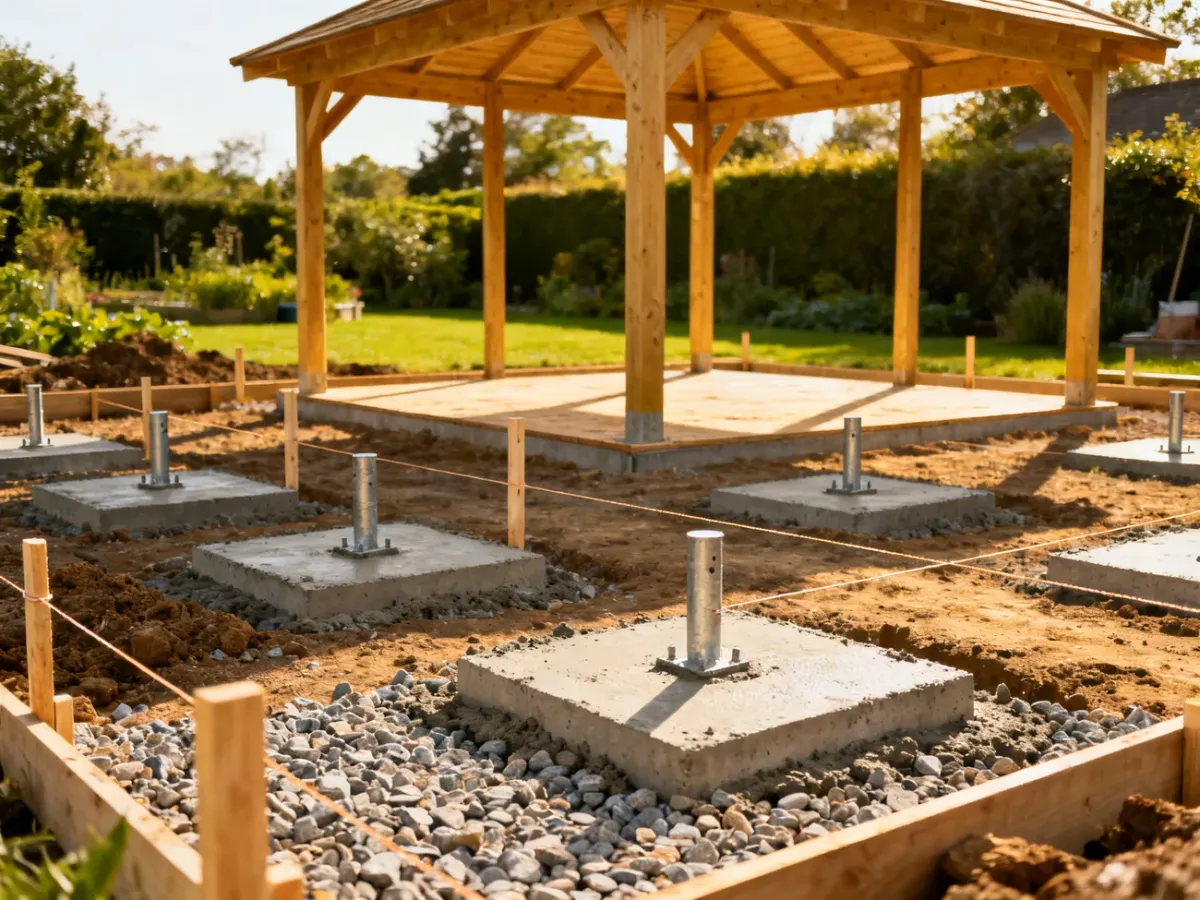 Punktowe fundamenty betonowe z kotwami pod lekką altanę drewnianą