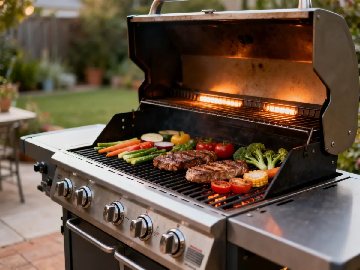 Grill gazowy z potrawami i widocznymi palnikami na tarasie