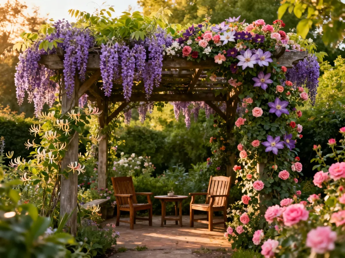 Pergola obsypana kwitnącymi pnączami nad przytulnym miejscem wypoczynku