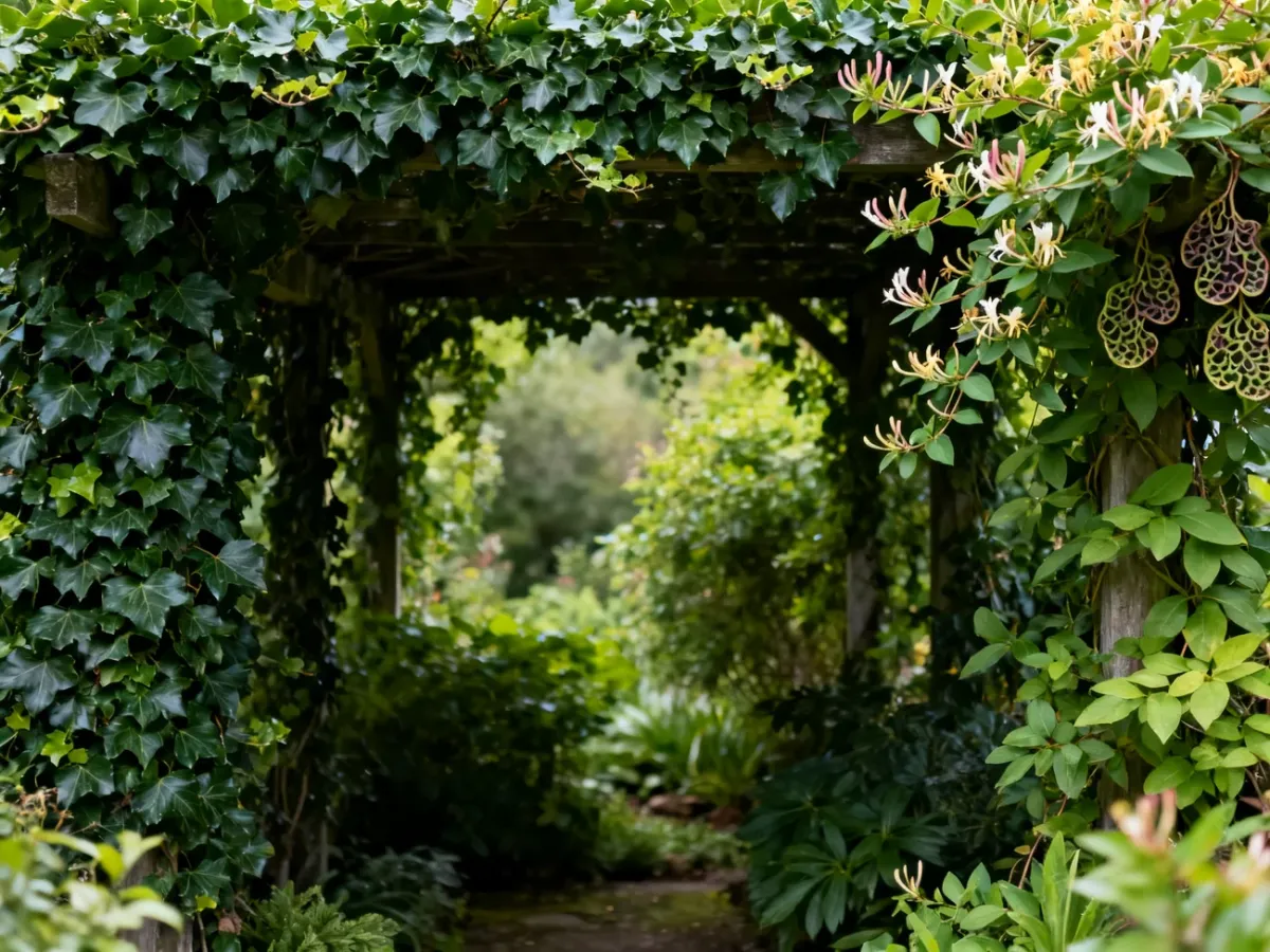 Zacieniona pergola osłonięta gęstymi, częściowo zimozielonymi pnączami