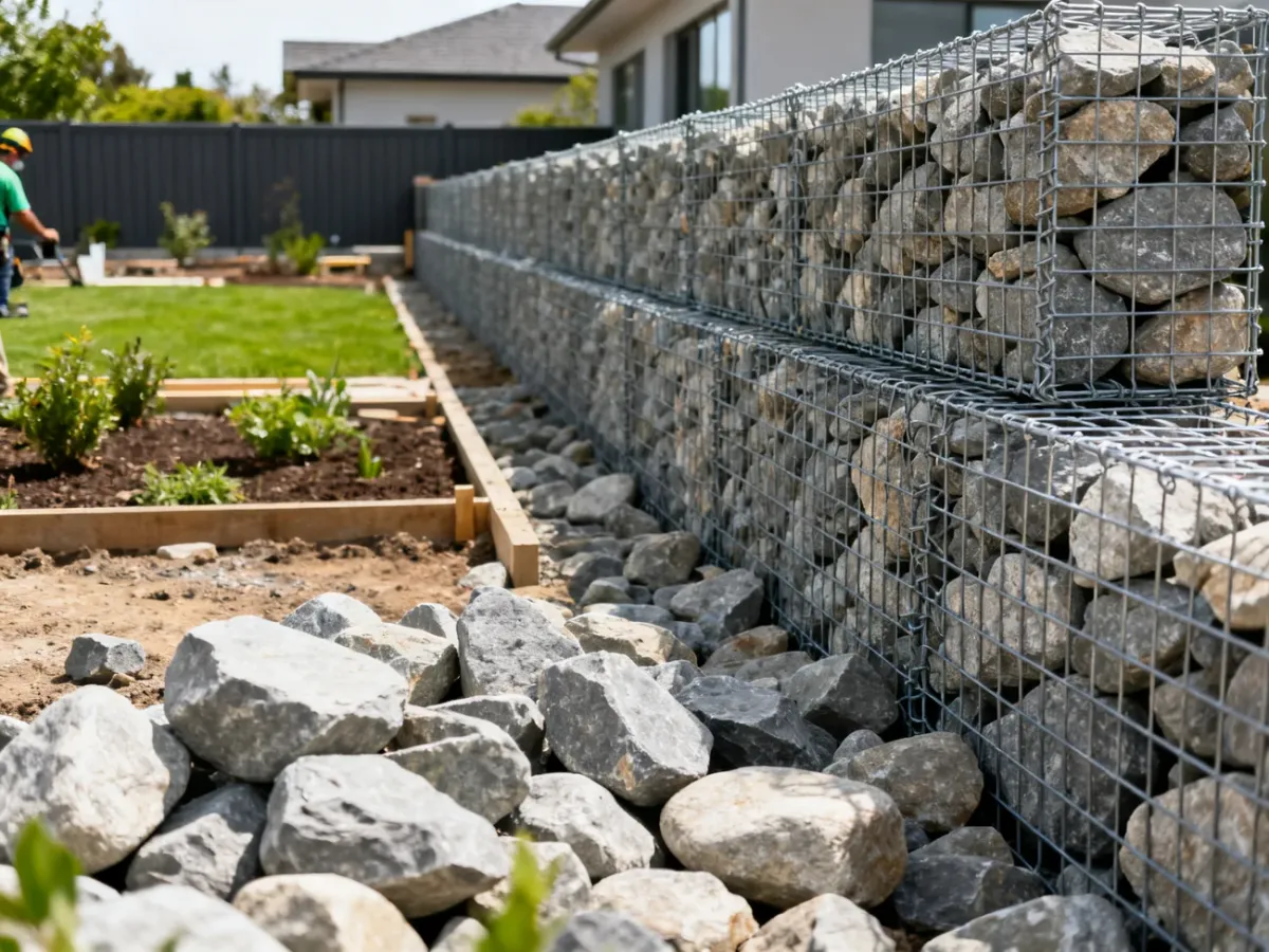 Montaż ogrodzenia gabionowego z kamieniami przy domu