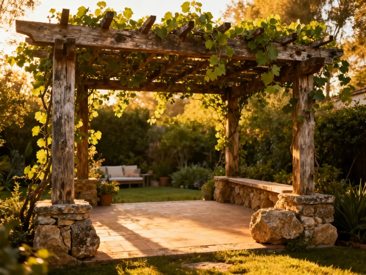 Drewniana pergola porośnięta pnączami w naturalnym ogrodzie