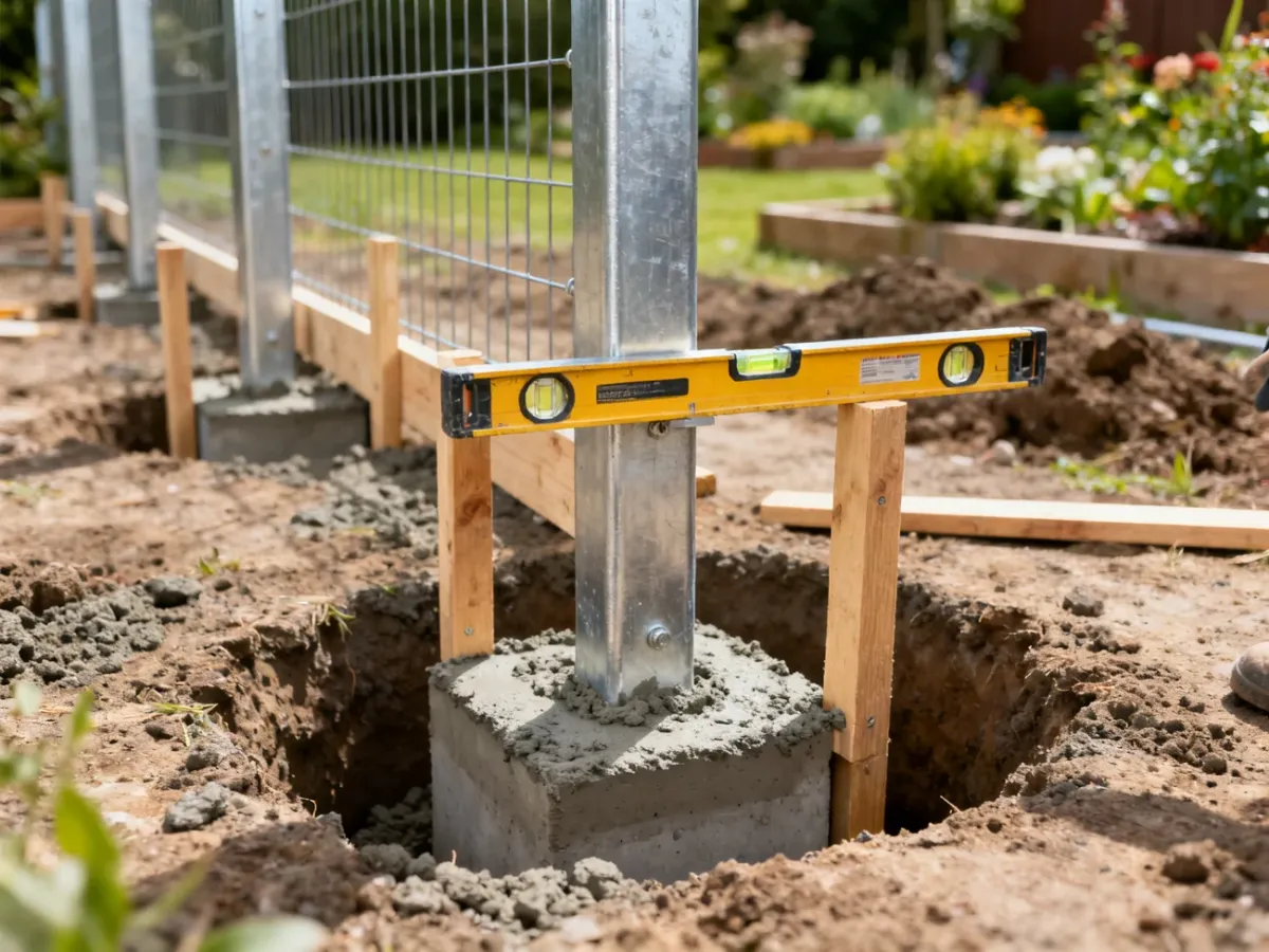 Sprawdzanie pionu słupka ogrodzeniowego podczas betonowania