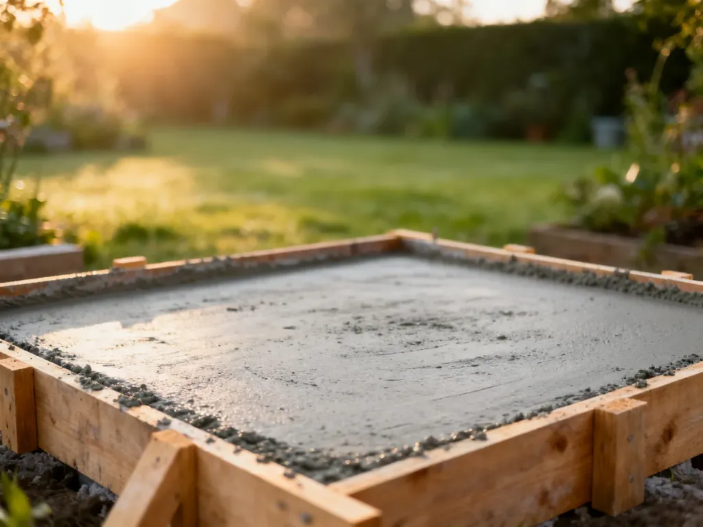 Świeżo wylany betonowy fundament pod grill ogrodowy w drewnianym szalunku, widoczny w porannym świetle.